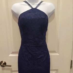 Navy Blue lace cocktail dress breast padded, spaghetti straps and invisible zipp
